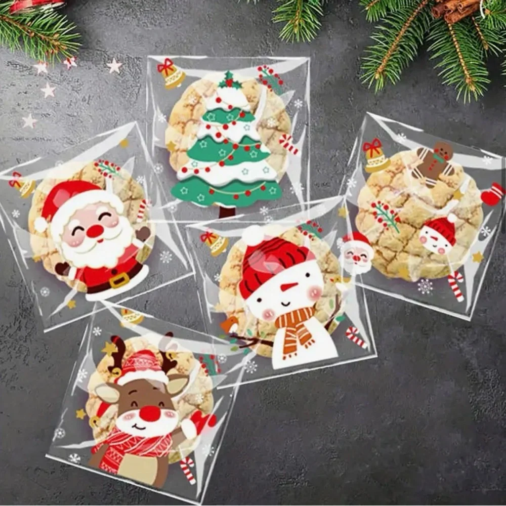 Christmas Self-Adhesive Transparent Plastic Gift Bags 25 ct w/ 5 Designs-NIP